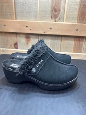 Crocs Gretel Womens Size 7 Black Suede Faux Fur Lined Clogs Wedge Heel UK 5 EU 3