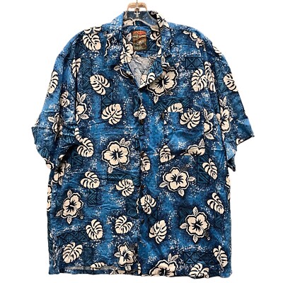 Pineapple Connection Hawaiian Shirt Mens Large Blue Floral Button Up Vacation