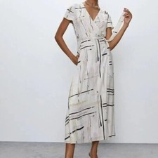 Aritzia Babaton Slit Wrap Dress S Cream Nude Black Abstract Geometric Print Maxi