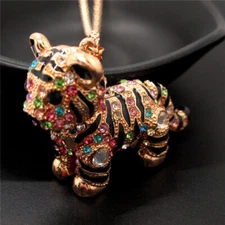 Fashion Women Rhinestone Mixcolor Lovely Tiger Crystal Pendant Chain Necklace