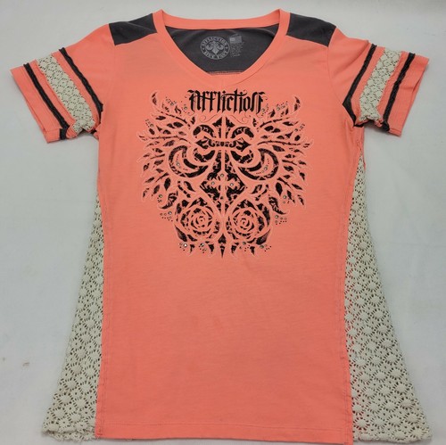 Affliction Live Fast Women Orange Short Sleeve Shirt White Lace Bling Large USA - Picture 7 of 8