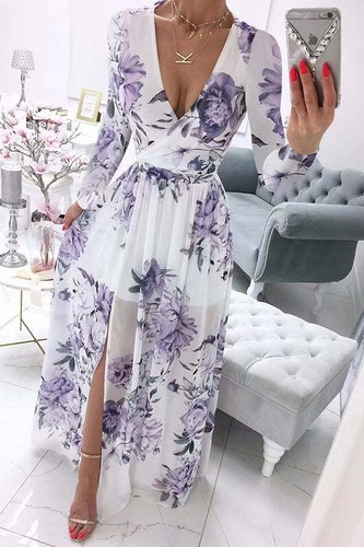 Vestido largo bohemio de verano para mujer de moda con estampado de gasa manga larga cuello en V - Imagen 23 de 55
