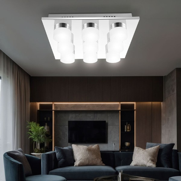 Deckenleuchte Wohnzimmerleuchte Deckenlampe Led 9-Flammig Chrom Ringe Satiniert-image