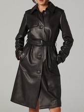 Women Real Leather Black Ladies Trench Coat Knee Length Warm Coat