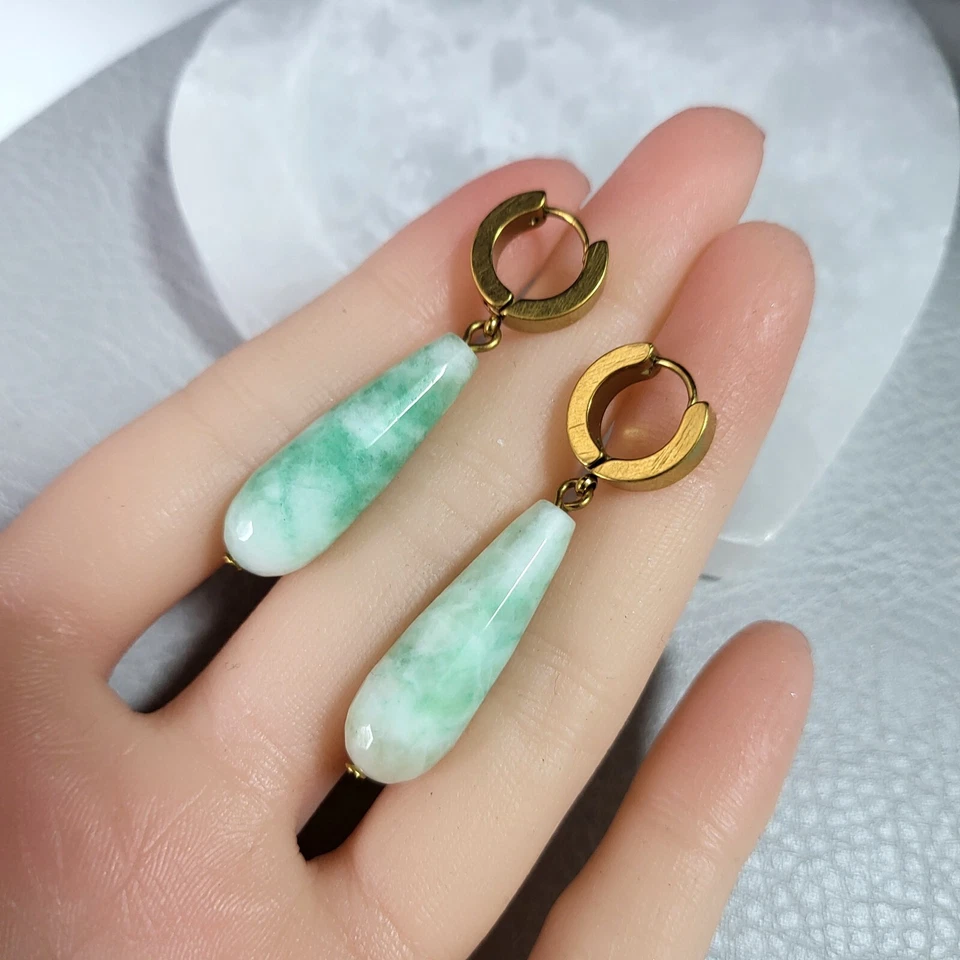 Зеленый кварц нефрит длинный каплевидные серьги с застежкой-кольцом - Изображение 2 из 4