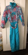 Vtg 80s COLMAR Blue Floral Snow SKI Suit BIB SNOWSUIT Size 8 44