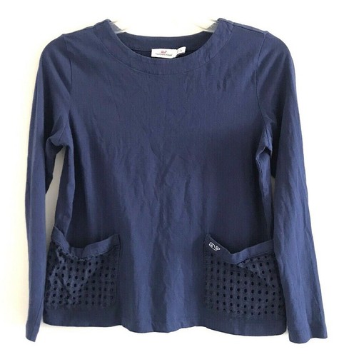 Vineyard Vines Pullover Top Eyelet Kids Size L - 14 Blue Front Pockets Crewneck