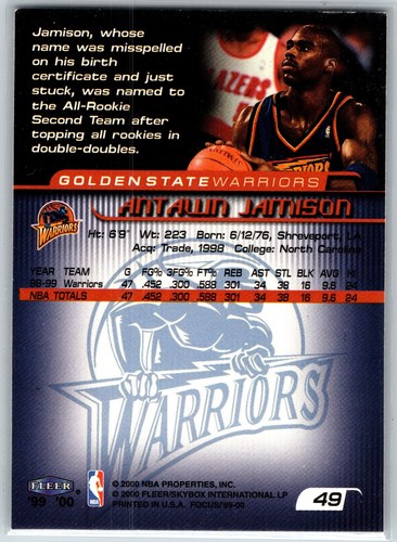 1999-00 Fleer Focus Antawn Jamison Golden State Warriors #49 - Picture 2 of 2