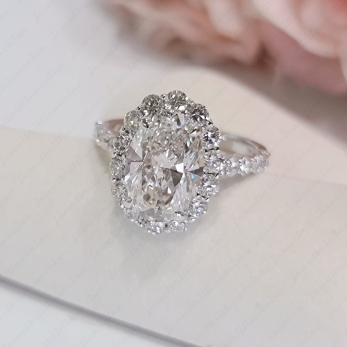 2.85Ctw Oval Cut Moissanite Halo Wedding Engagement Ring 14K White Gold Plated - Picture 3 of 10