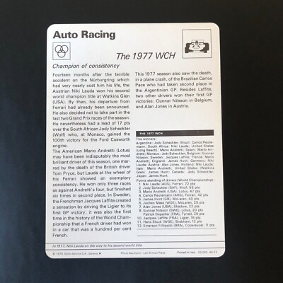Carte Sportcaster N°74-15 - Sécurité En F1 Avec Niki Lauda - Auto Racing 1979