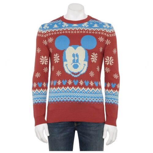 Disney Mickey Mouse Christmas Sweater Red w/ Snowflakes Tree Men’s Size M NEW