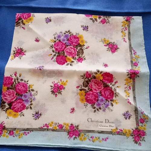 Mouchoir Christian Dior coton 52 cm 20" carré fleur blanc rose