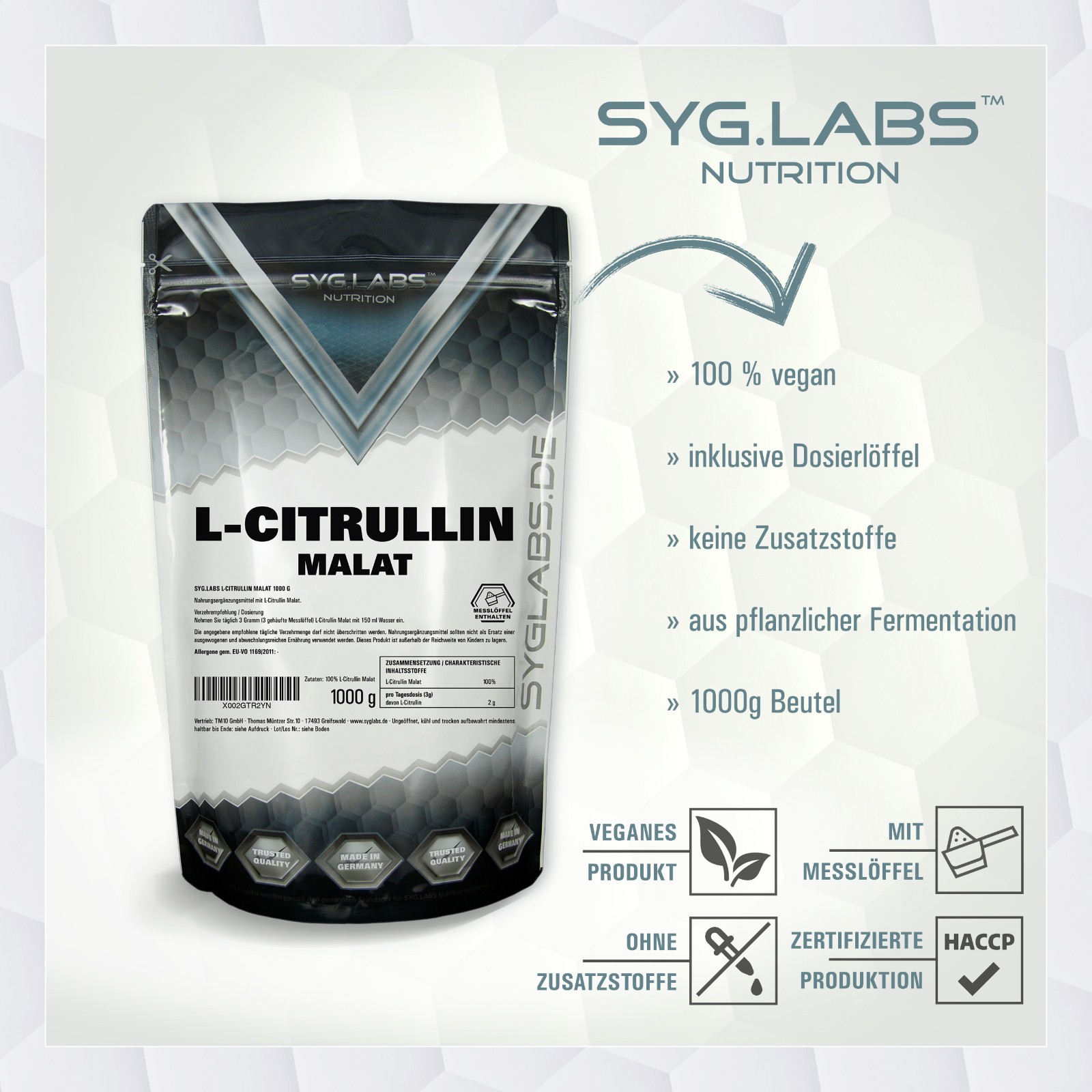 L Citrullin Malat 2:1 1000g Pulver Vegan Pre Workout ohne Zusätze Aminosäure SYG 4