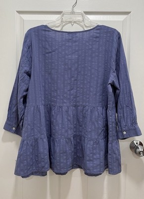 J JILL Tiered Textured Top Womens XL Blue Jasmine Cotton Peplum 3/4 Sleeve NWT