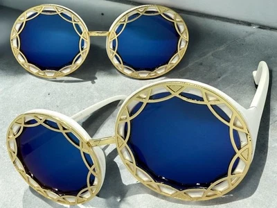 Très Grand Exagéré Vintage Rétro Lunettes de Soleil Rond Blanc Cadre Verre Bleu - Photo 1/4