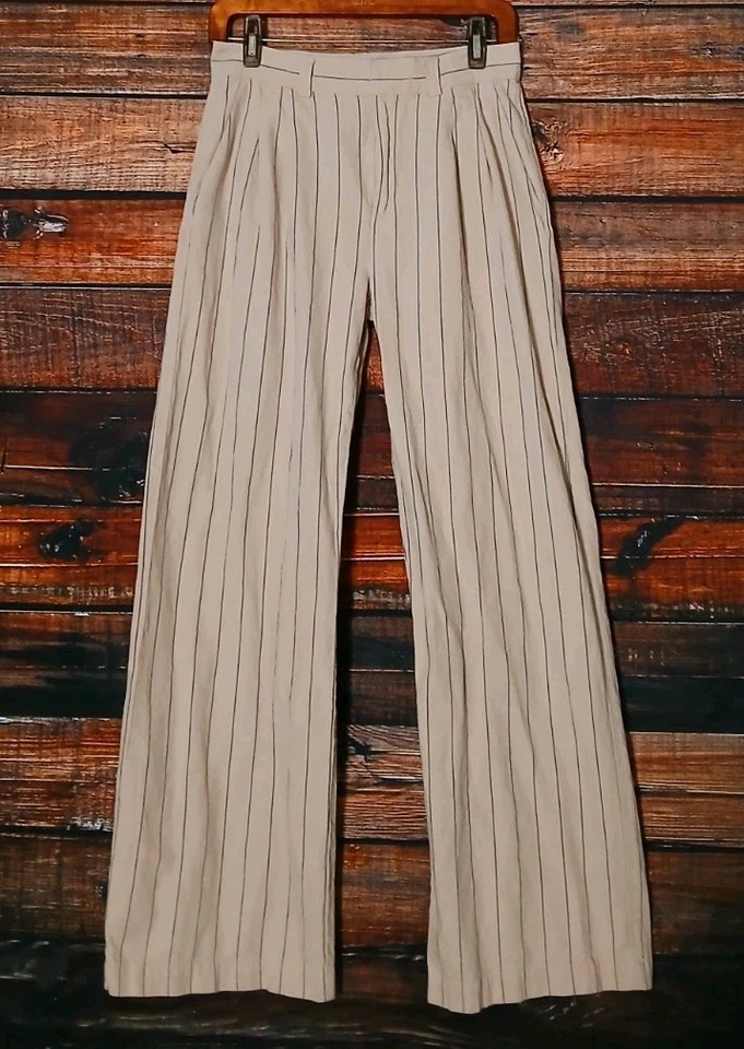 Pantalones de algodón talla 4 pierna ancha tiro alto mezcla de algodón lino tostado a rayas plisado Foto 3 de 4
