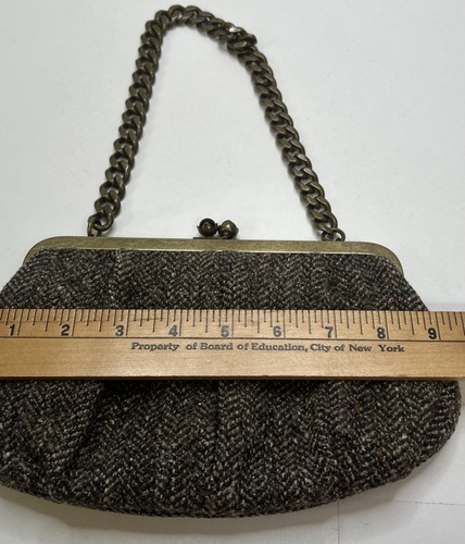 Vintage Y2K Brown Wool Gold Thread Mini Shoulder Bag Clutch Purse - Chain Handle - Picture 8 of 10