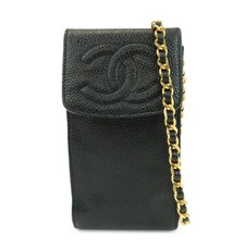 CHANEL COCO Mark Caviarskin Chain Shoulder Phone Case Black Authentic Used F/S
