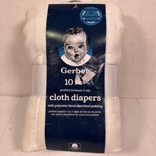 Gerber 10 Pack Prefold White Cloth Diapers Absorbent Padding 3 ply 20X14 W/Pins