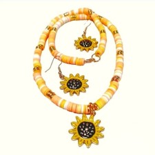 HANDMADE Yellow, White,  Gold Sunflower Beaded Necklace  Earrings Bohemian Set