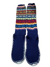 NOS M Vtg 70s Slipper Socks Navy Blue Creslan Knit Winnebagos Shoe Vinyl Sole