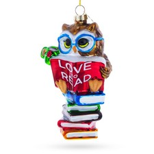 Love to Read Wise Owl with Books Blown Glass Ornament