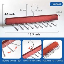 Wooden Tie Rack Hanger 18 Hooks Closet Organizer for Ties Belts Scarves