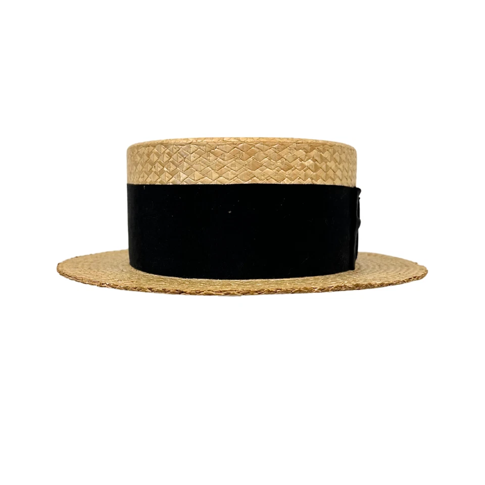 Vintage 1930s Custom Boater Skimmer Stiff Straw Hat w Black Bow - Image 4 of 4