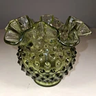 Vintage Fenton Green Ruffled Crimped Edge Hobnail Glass Rose Bowl Vase 4.25" T