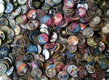 50 Mixed Metal Pogs – Vintage Lot – Used but Playable – Assorted Designs