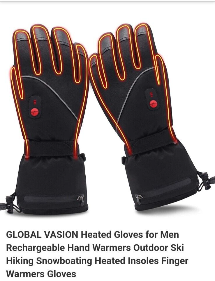 Global Vision Rechargeable Black Heated Gloves XL Extra Large Warm Heated