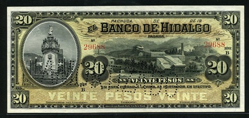 México 1902-1910 Banco De Hidalgo 20 Pesos S307r2 UNC - Imagen 1 de 2