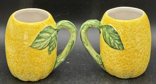 Pair Lemon Shaped and Textured Ceramic Mugs Figural Citrus Realistic Leaves EUC - Picture 3 of 8