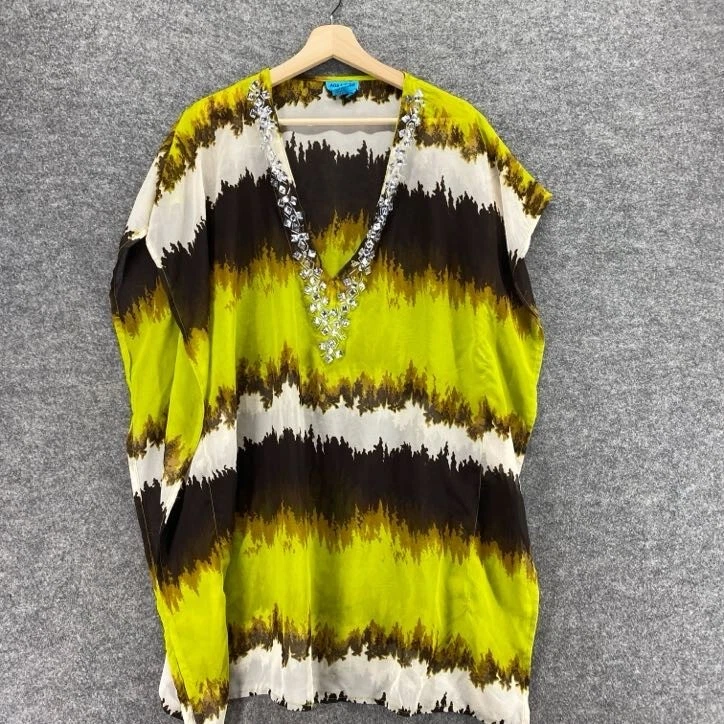 Aqua Blue Blouse Women XL Yellow Striped V-Neck Rhinestone Short Sleeve Casual - Image 3 of 4