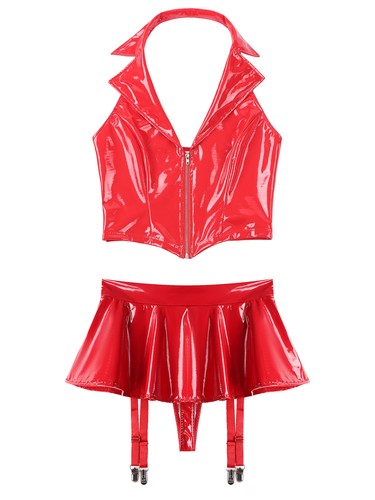 AU Sexy Women's 2 Piece PU Leather Lingerie Set Crop Top with Garter Miniskirt - Picture 23 of 42