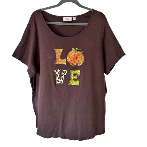 Quacker Factory Love T-Shirt Damen Übergröße 2X braun Pailletten Kürbis Halloween