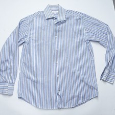 Banana Republic Dress Shirt Men Large 16-16.5 Purple White Striped Oxford Formal