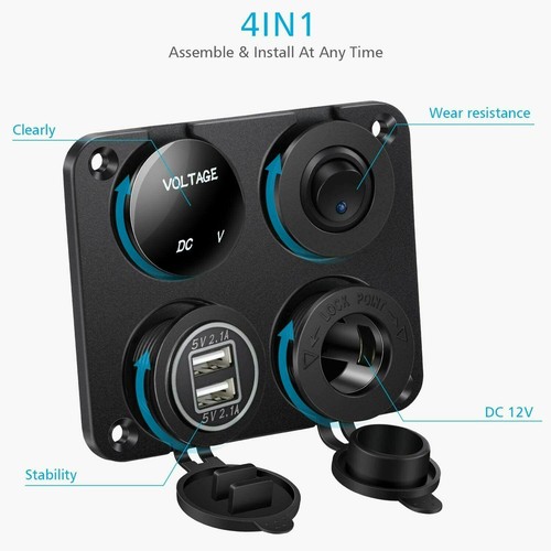 4 gang 1 Panel Dual USB Socket Charger LED Voltmeter+12V Power Outlet Car Boat - Picture 2 of 12
