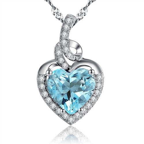 Heart Birthstones Necklace Sterling Silver Simulated Aquamarine Pendant Her Gift - Bild 1 von 6