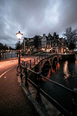 Wall Art Poster Lamp post lighting Amsterdam Canal water Netherlands Photo C2741