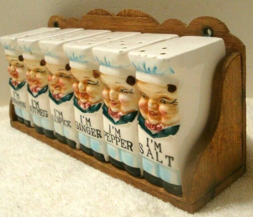 7pc Set 6 Ceramic Happy Chefs Spice Shakers & Wood Wall Rack