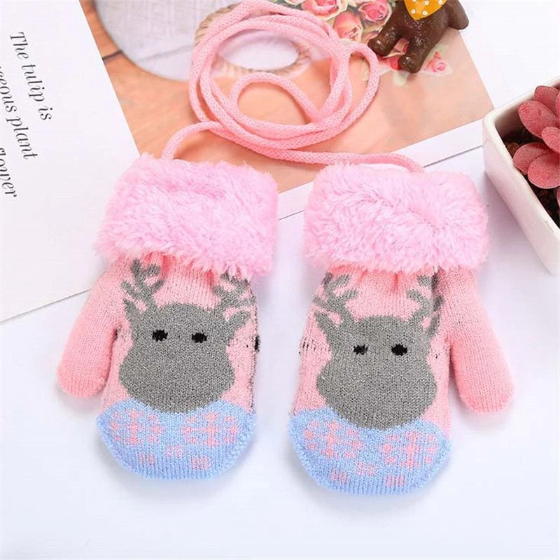 Guantes de Invierno Niños Niñas Niños Guantes Mitones Cálidos Piel Falsa Cuello Cuerda Foto 2 de 4