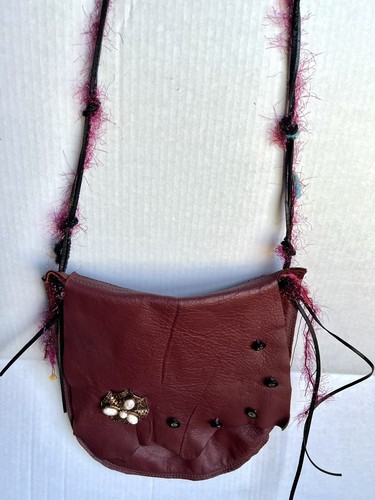 Red Leather Artisan Crossbody Purse 2 Janes Bejeweled 32.5” Boho Chic Pre Owned - Picture 12 of 24
