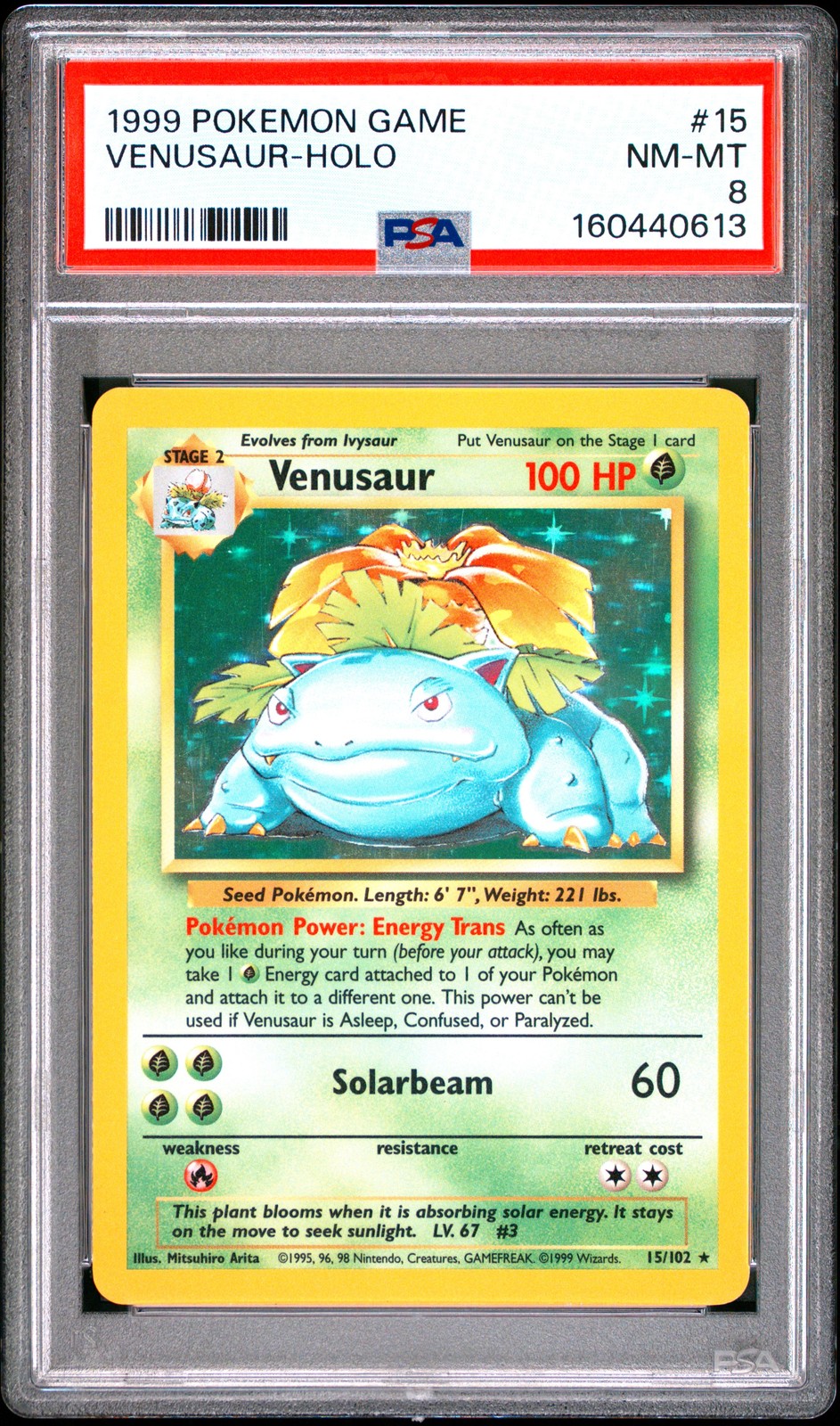 1999 POKEMON BASE SET UNLIMITED #15 VENUSAUR-HOLO PSA 8