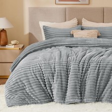 Fleece King Comforter Set -Super Soft  Warm Fluffy Light Grey Bedding, Luxur...