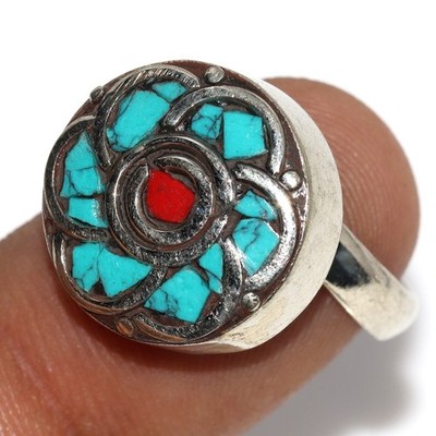 11gms Tibetan Turquoise Red Coral Nepali Tribal Ring Size US FreeSize GW