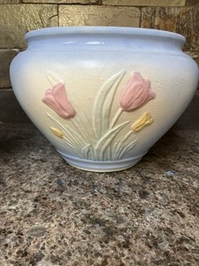 Blue Glossy Ceramic Tulip Floral Planter Cachepot, Round, MPN 13.