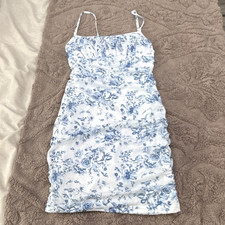 SHEIN girls Size S White & Blue Floral Ruched Strappy Mini Bodycon Dress