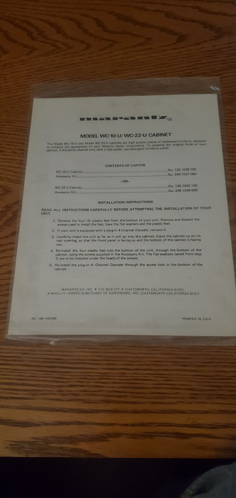 Marantz WC 10 U WC 22 U Cabinet Instruction Sheet Warranty Sheet