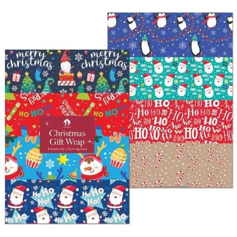 KAM LABELZ 8 Large Christmas Gift Wrapping Sheets Cute Kids Cartoon Festive XMAS 50x70cm